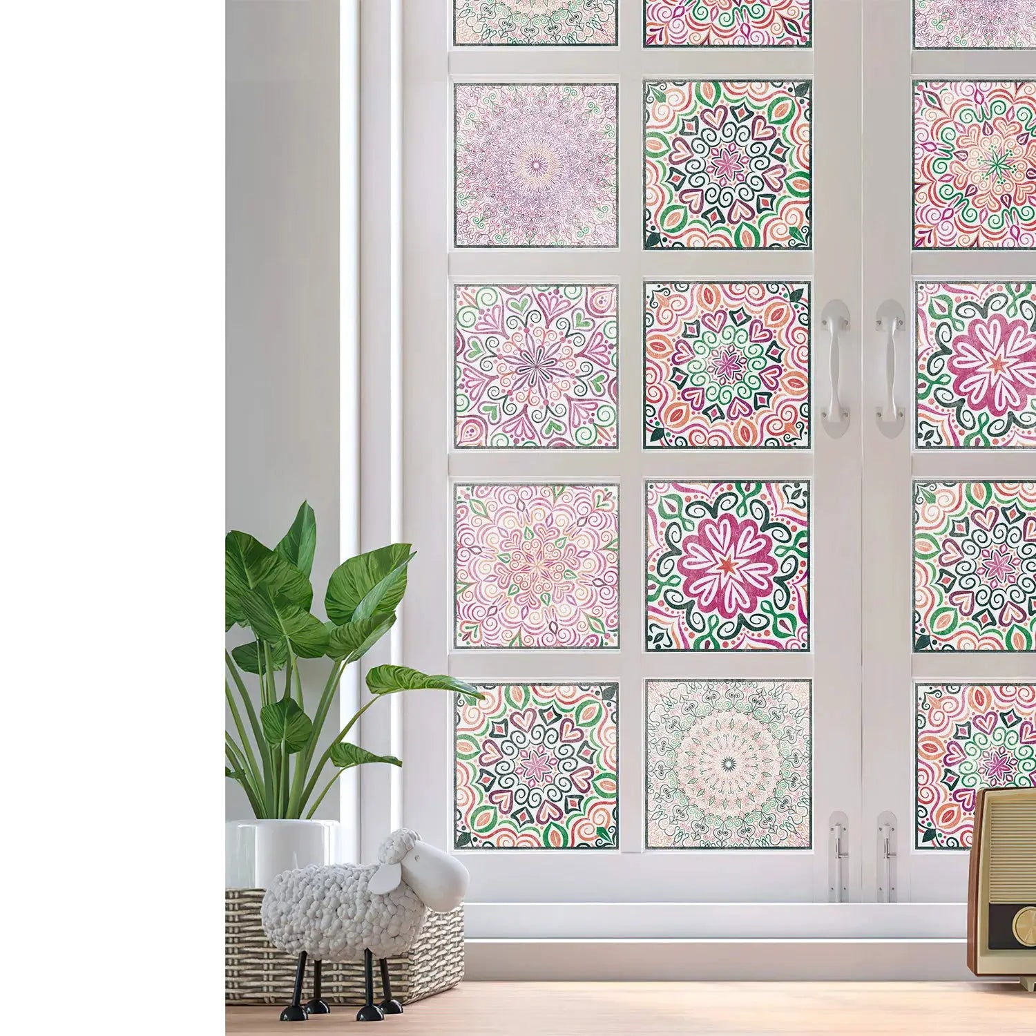 24pc light-color tile sticker set with mandala designs for windows and walls; self-adhesive, waterproof decor