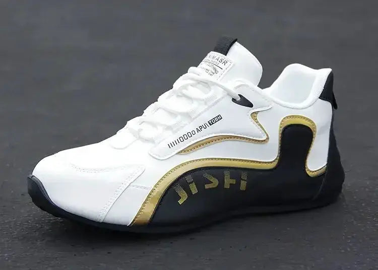 Men's PU leather waterproof sneakers by Simples Market, white with black heel and gold trim