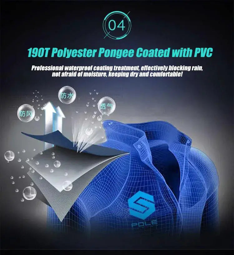 POLE motorcycle raincoat set in blue; breathable, waterproof, reflective rainwear for riding.