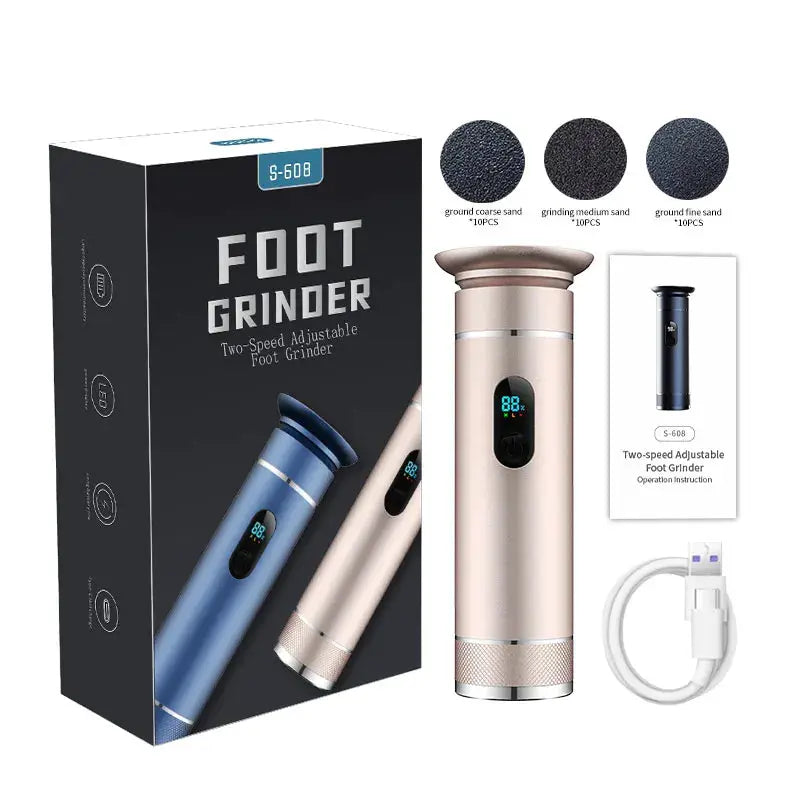 Aluminum Foot Grinder by Simples Market, dual power Type-C/Battery, rose-gold finish with sanding discs.