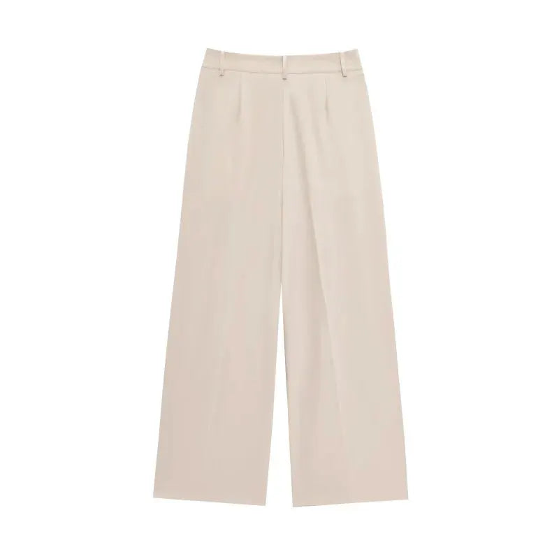 Pants, beige high-waisted wide-leg with belt loops.