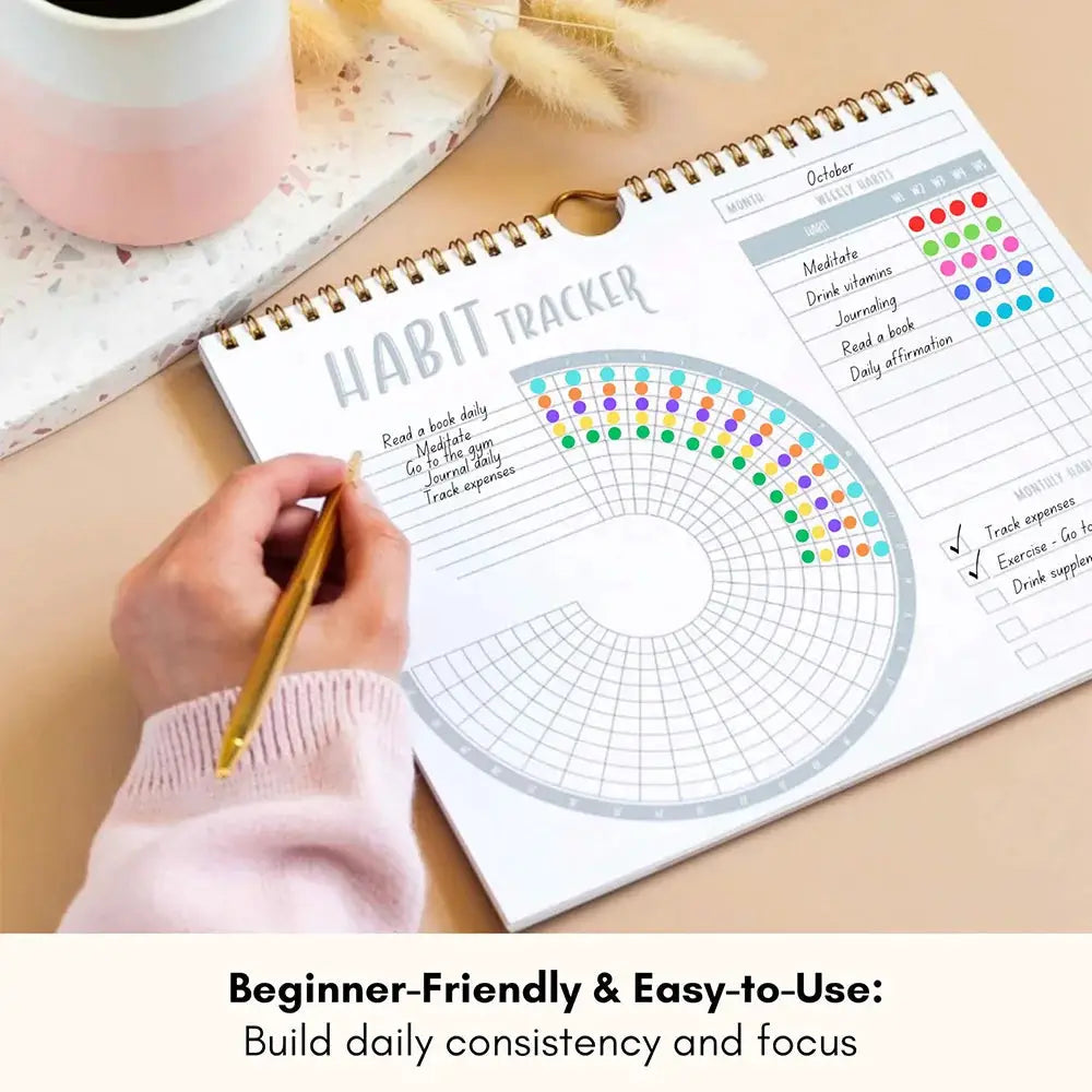Simples Market habit tracker calendar; spiral-bound journal with colorful circular tracker wheel and weekly habit list.