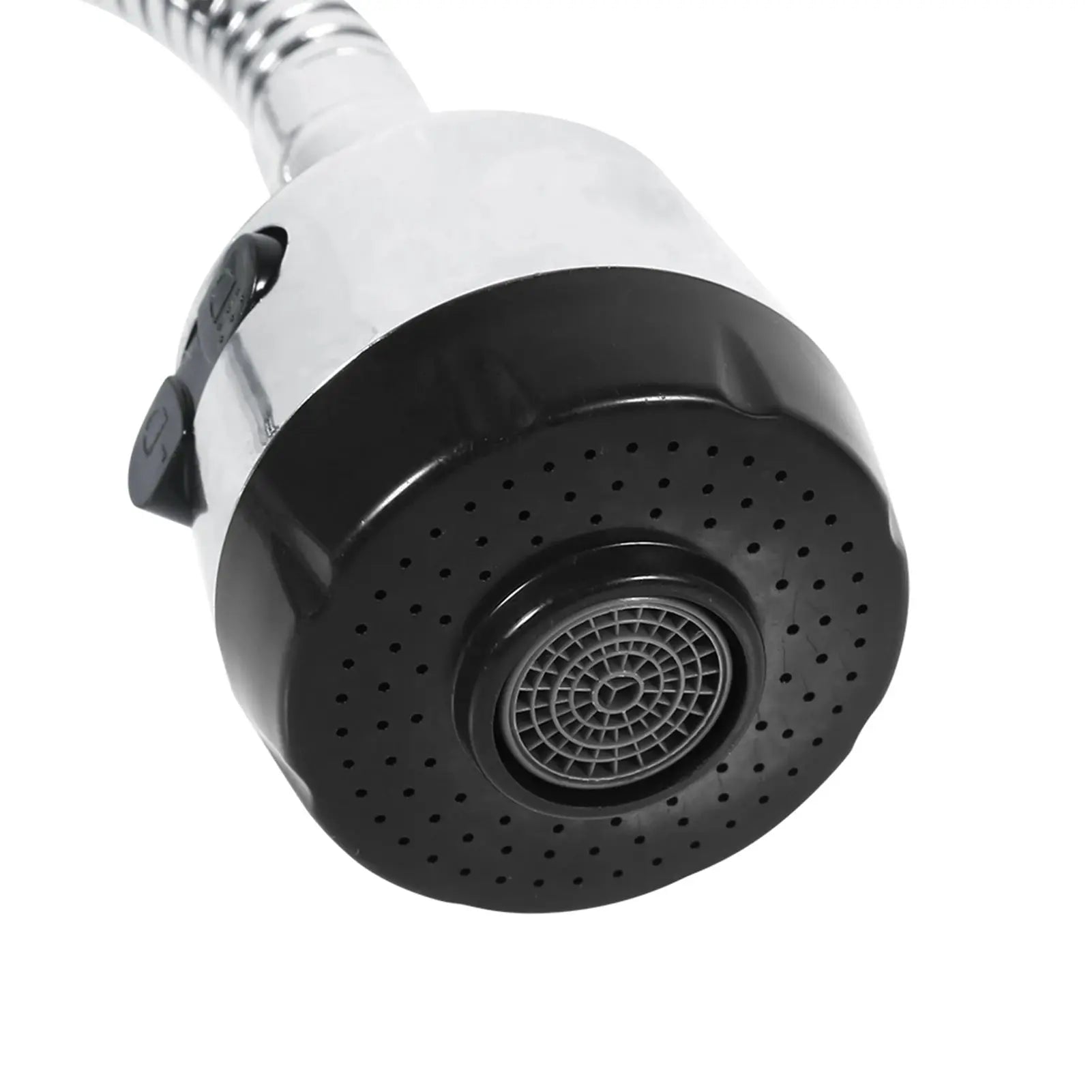 304 stainless steel swivel kitchen faucet head with black spray nozzle, perforated spray face, and flexible hose
