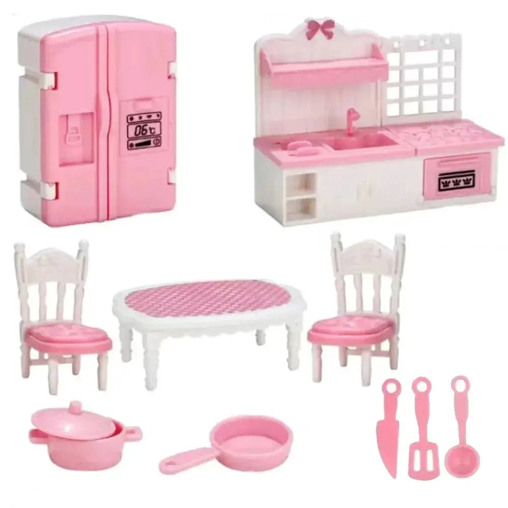 Kawaii Pink 10 Piece Miniature Dollhouse Furniture And Kitchen Accessories Set For Girls And Collectors