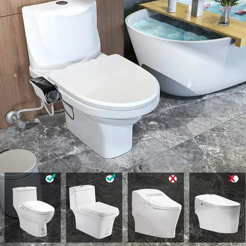 Bidet toilet seat attachment with dual spray nozzles on a white toilet; 4 model options shown.