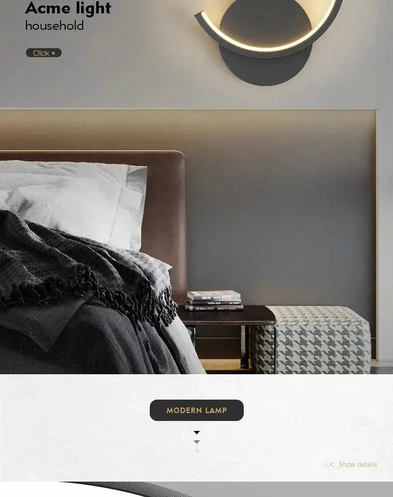 Modern LED wall lamp by Simples Market, Nordic black and white with a golden ring for living room or bedroom lighting.