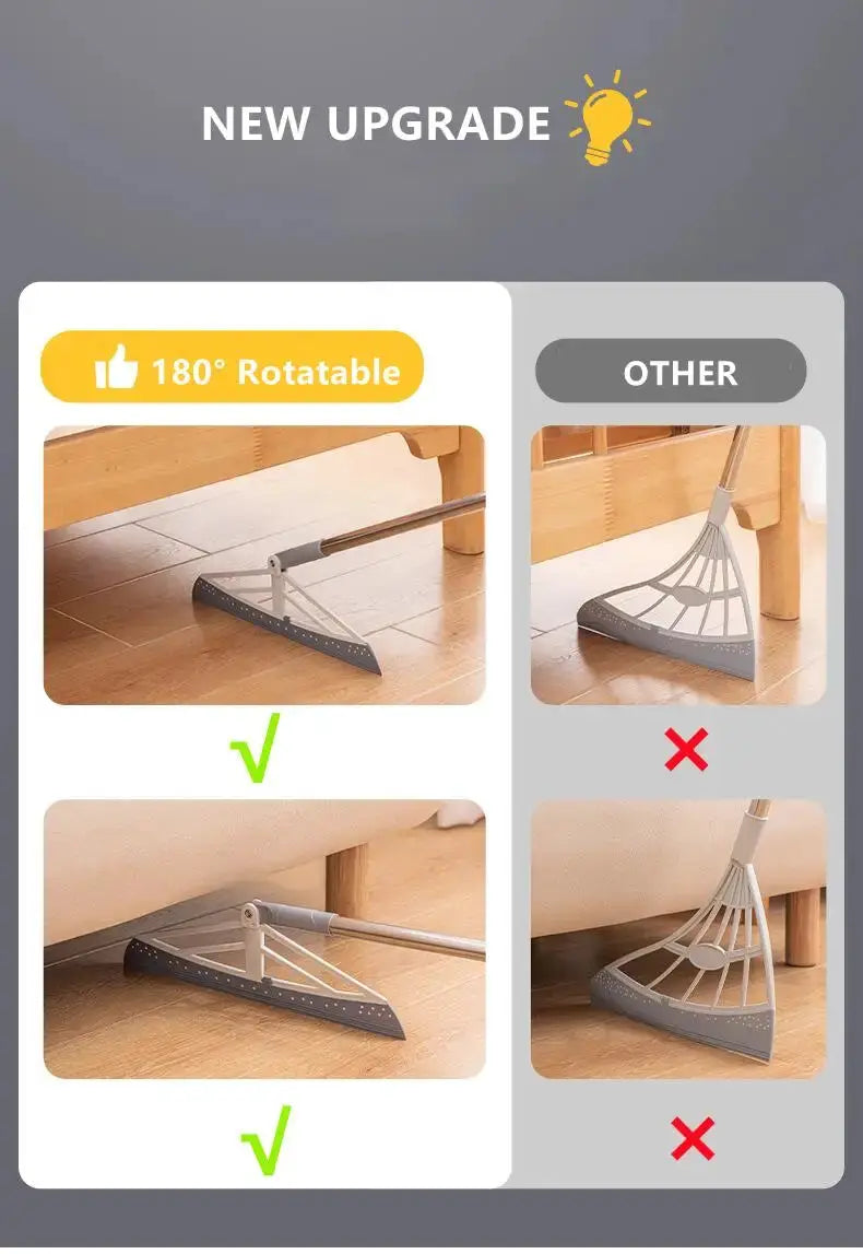 180° rotatable magic rubber broom with silicone mop head, shown in two angles