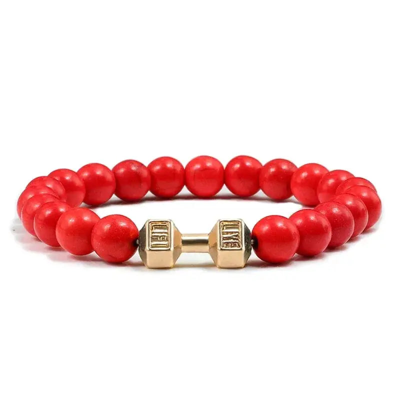 Natural Volcanic Stone Bracelet For Men And Women Matte Black Lava White Beads Dumbbell Charm Strand Fitness Jewelry