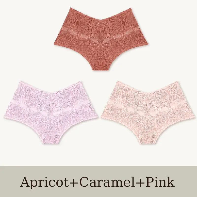 3-pack women's seamless lace briefs in apricot, caramel and pink; low-rise breathable lace underwear.