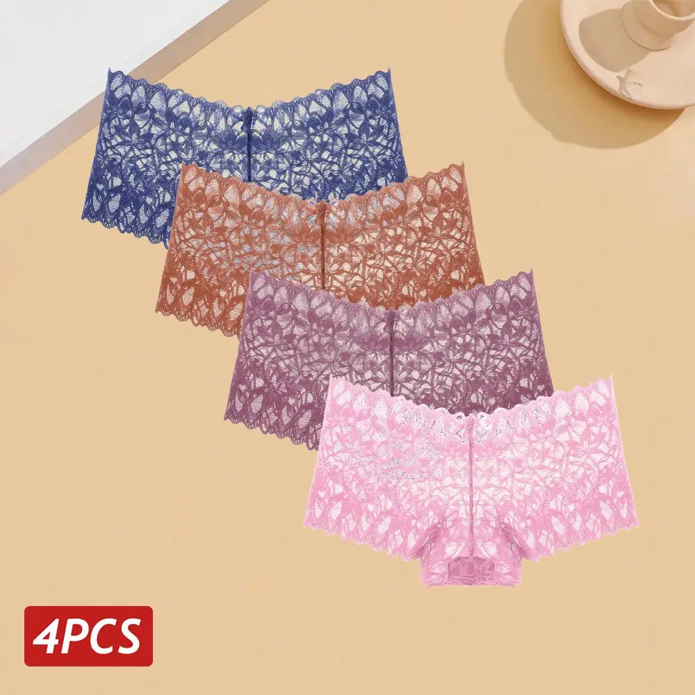 4PCS women's floral lace panties with V-waist, breathable underpants in blue, brown, purple and pink