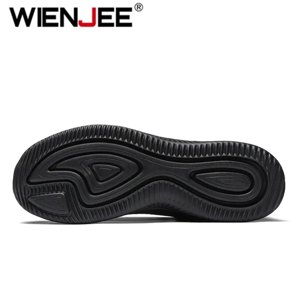 Wienjee black knit running shoes outsole; breathable lightweight casual sneakers