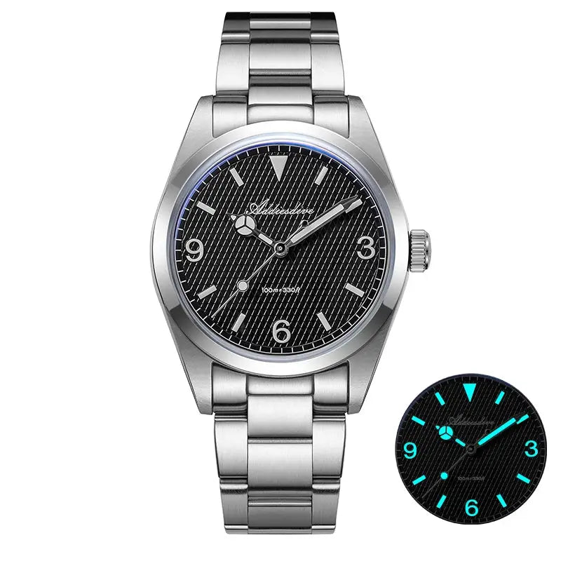 ADDIESDIVE men's analog watch with stainless steel bracelet, black textured dial, luminous hands, 100m water resistant
