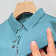Men's turquoise ice-silk polo shirt by Simples Market with embroidery and metal snaps