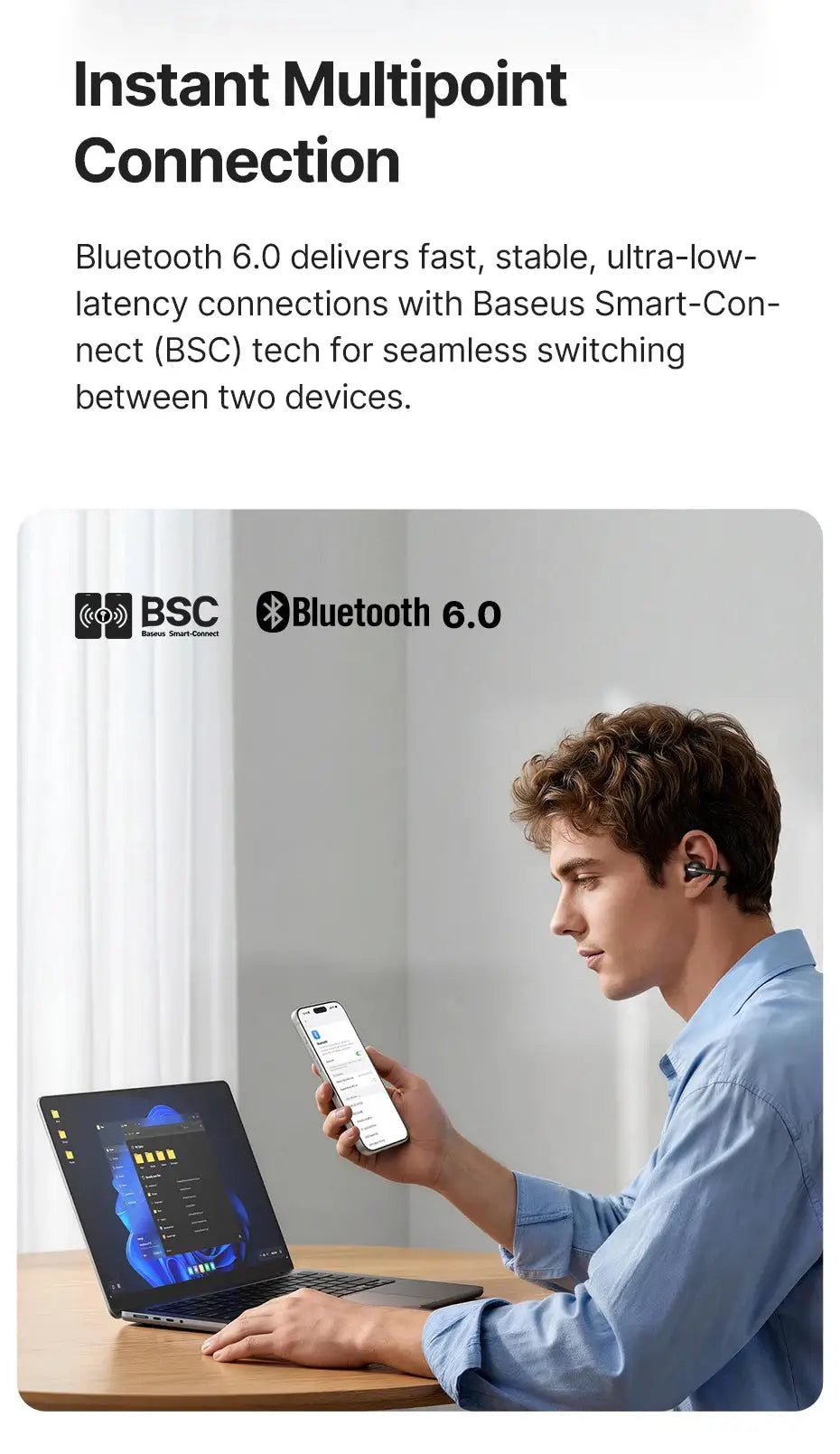 Baseus Bowie MC2 AIR clip-on TWS earbuds, black wireless earphones with Bluetooth 6.0, worn by a man in a blue shirt.