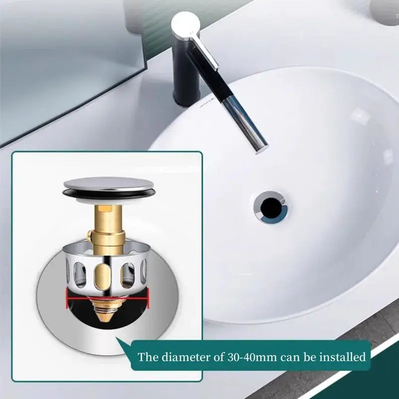 Universal metal basin drain with pop-up stopper; brass valve and chrome body, fits 30–40mm sink drains