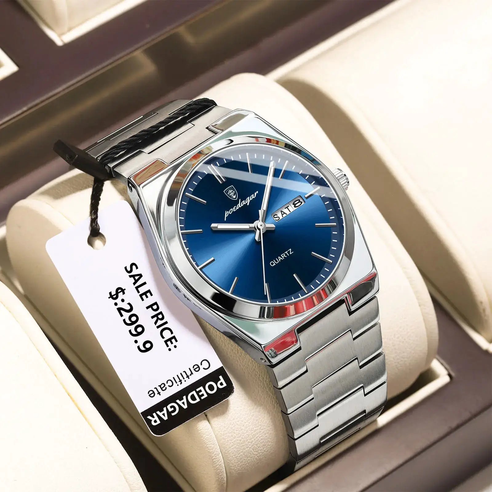 POEDAGAR men's luxury stainless steel bracelet quartz watch with blue dial, day-date, waterproof.