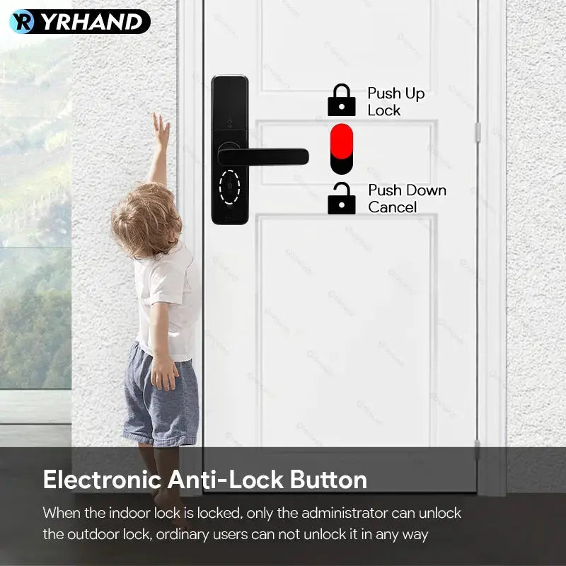 YRHAND smart door lock, black electronic keyless fingerprint lock with WiFi and Bluetooth TTLock app control