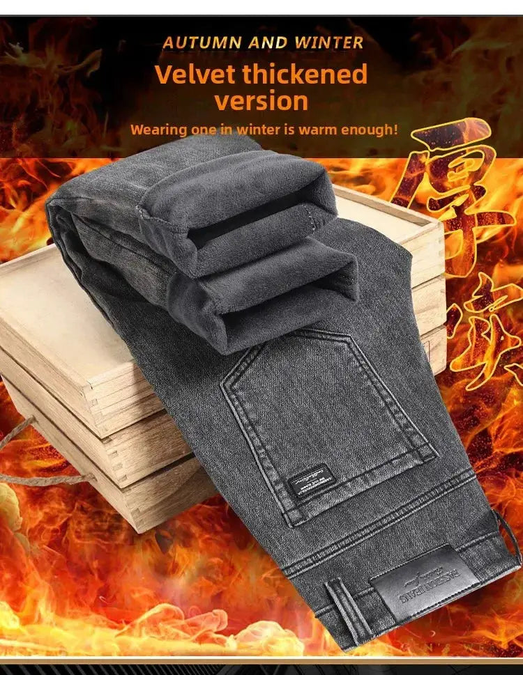 Simples Market men's winter warm jeans, slim-straight elastic denim pants with plush lining in dark denim.