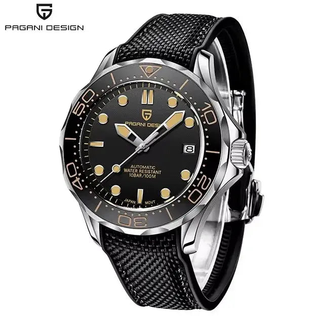 Pagani Design 007 men's automatic diver watch with black dial, gold markers, date window, steel bezel, black strap