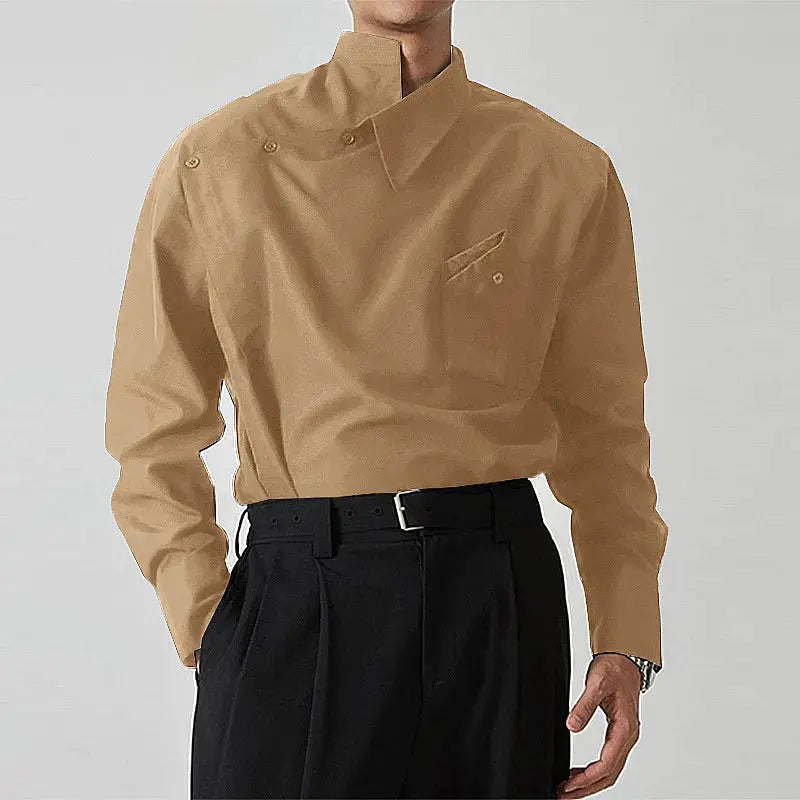 Men's beige irregular-design buckle-lapel shirt, long sleeves, loose fit; vintage French style.