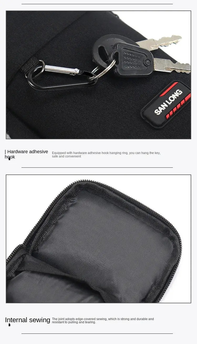 New men's waterproof tactical waist pack by Simples Market, black fabric with key ring and San Long logo