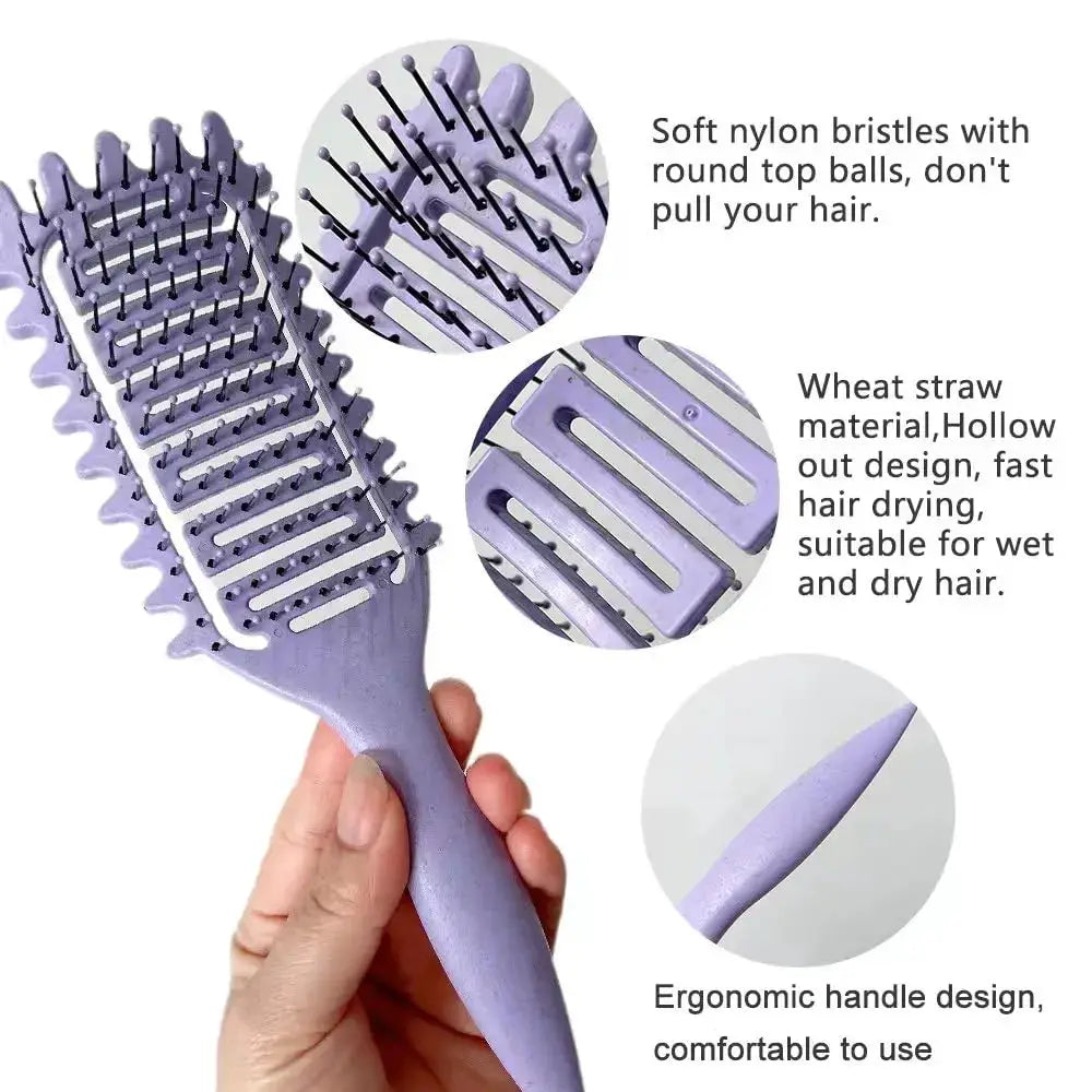 3 in 1 curl define detangling hair brush, purple with hollow-out design and ergonomic handle