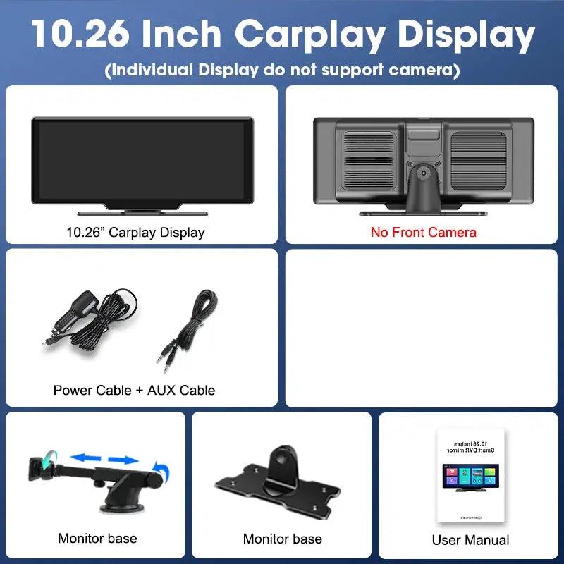 10.26 Inch Dash Cam Mirror 4K Player Wireless CarPlay Android Auto GPS