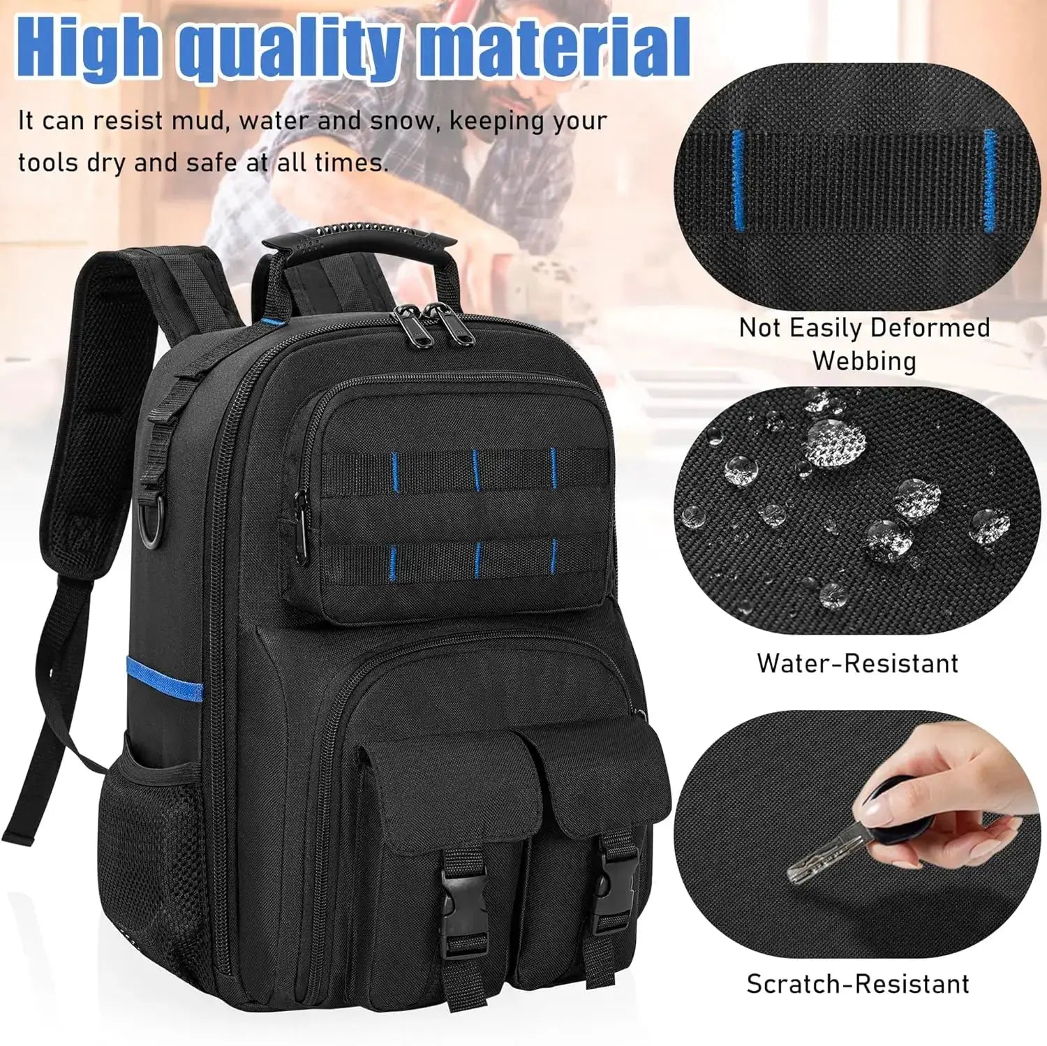 Simples Market Tool Backpack, black water-resistant heavy-duty work bag with padded shoulder strap and removable organizer