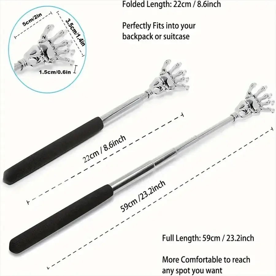 Simples Market Compact Telescopic Back Massager with stainless steel shaft, black grip, 2-piece extendable set