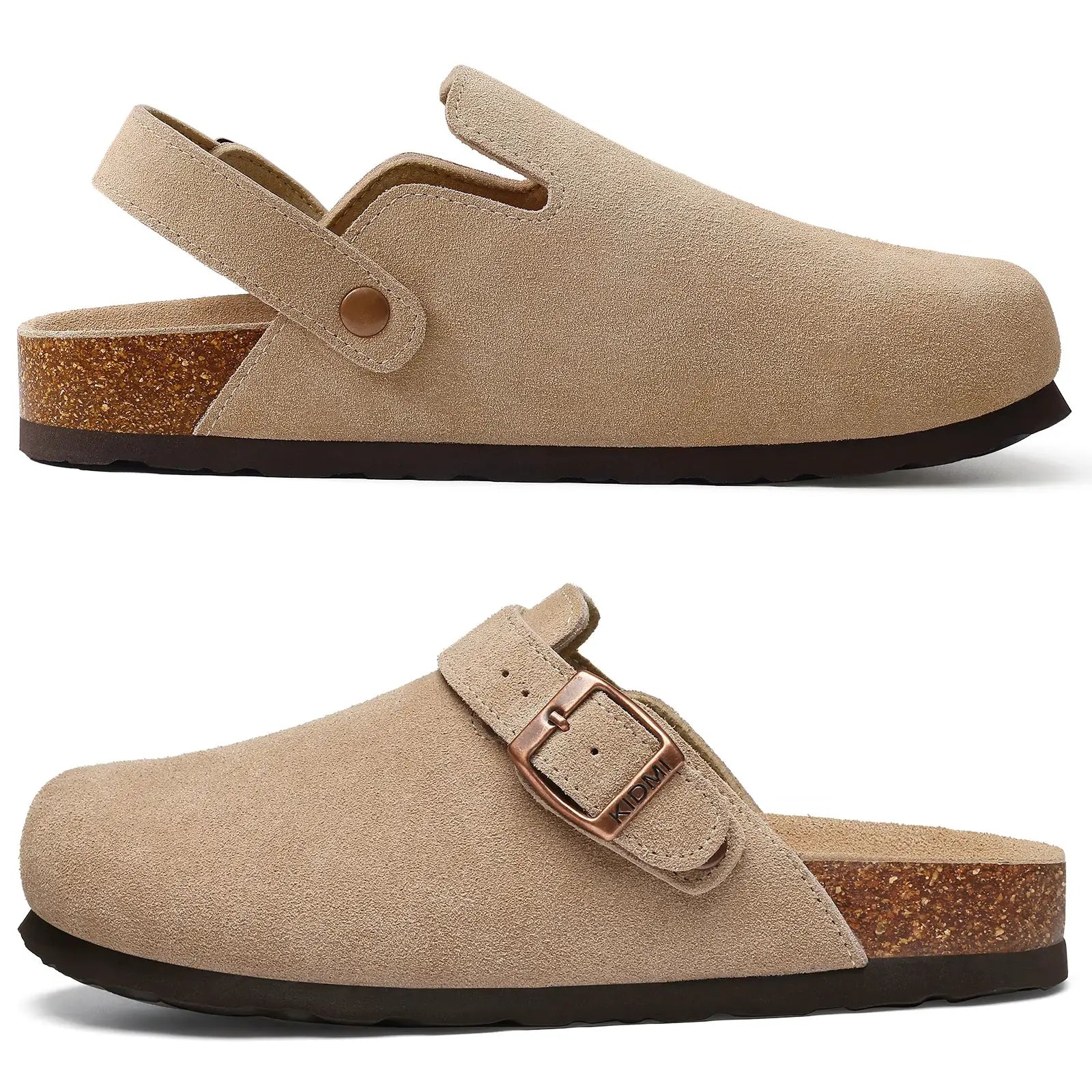 Litfun cork-footbed women's clogs with adjustable strap in beige suede