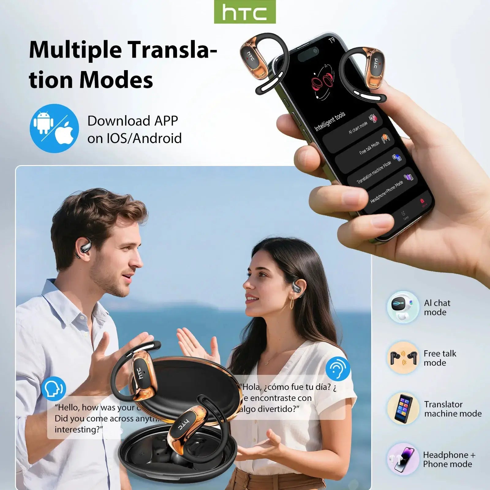 HTC NE35 Bluetooth earphones with orange metallic neckband and charging case