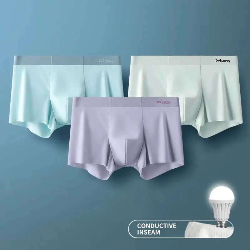 MIIOW ice silk men's boxer shorts 3-pack in pastel mint, lavender, and pale blue with seamless hems