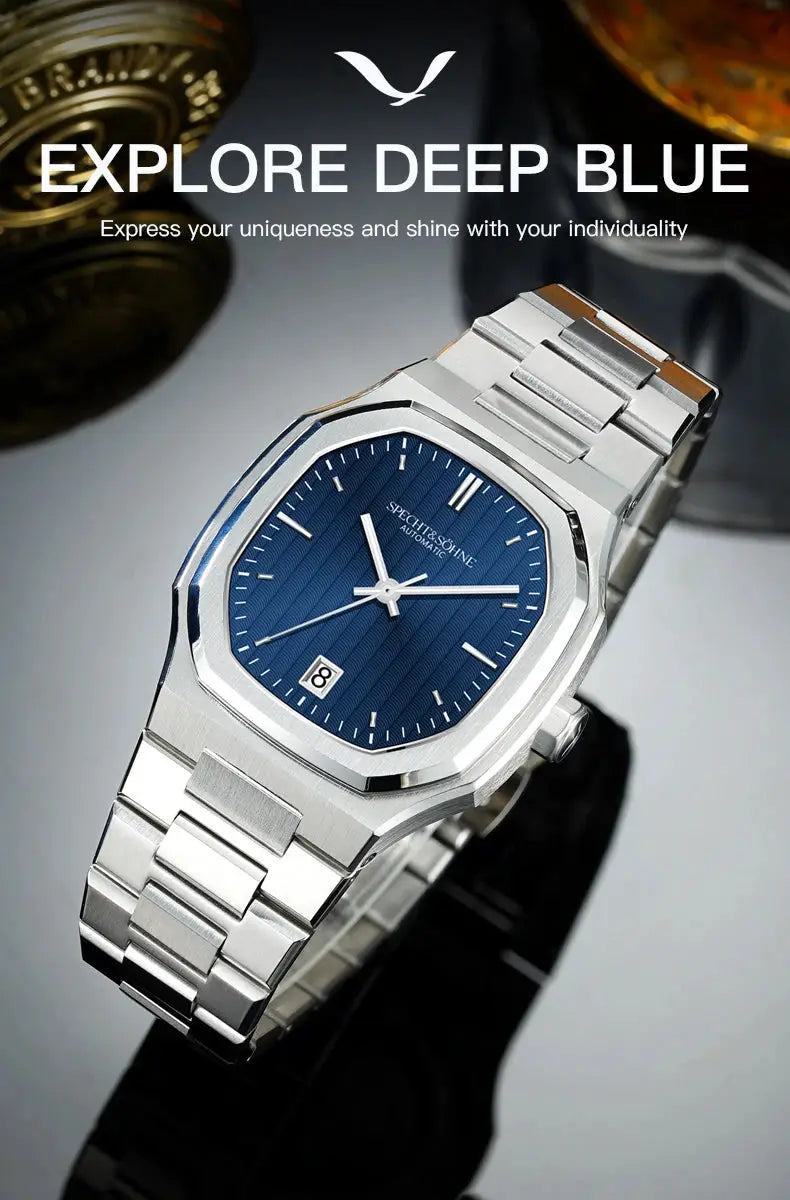Specht&Sohne 37mm automatic stainless steel watch with blue dial, date window, 50m water resistance