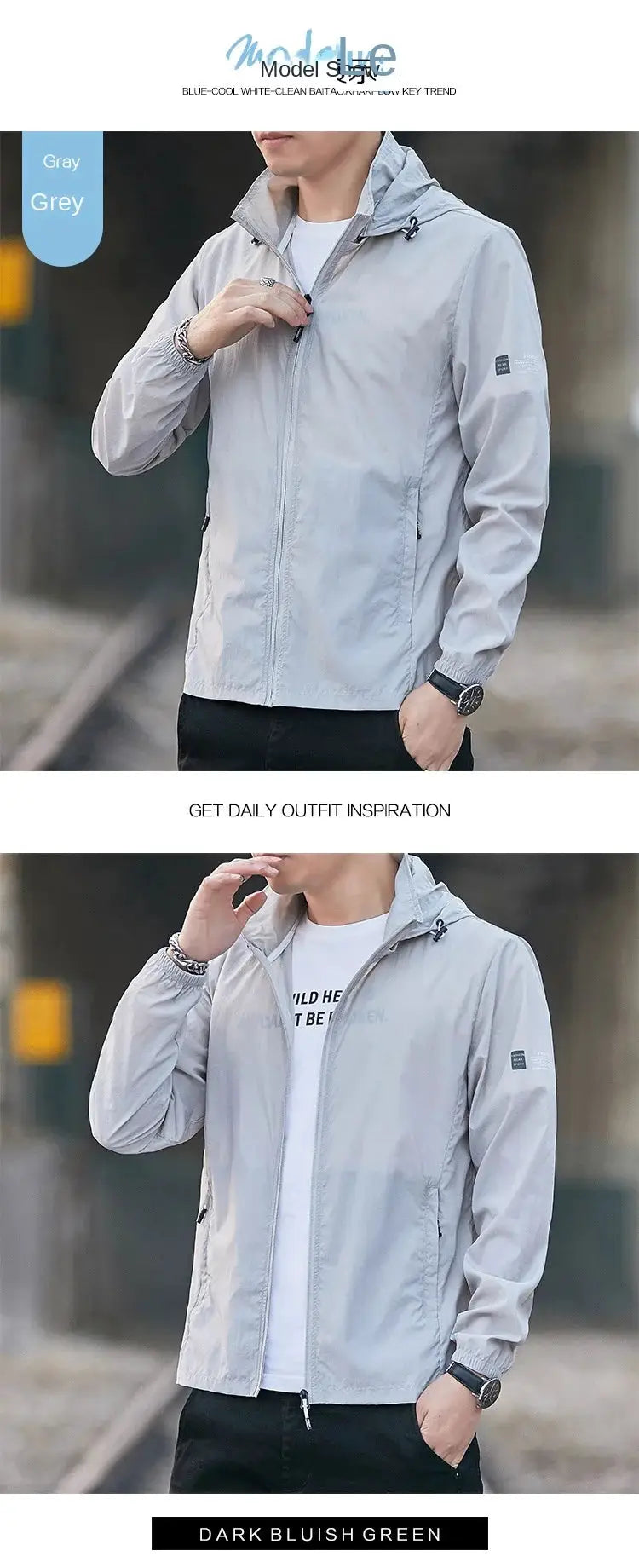 Men's lightweight grey sun-protection windbreaker jacket with front zip, breathable casual outerwear