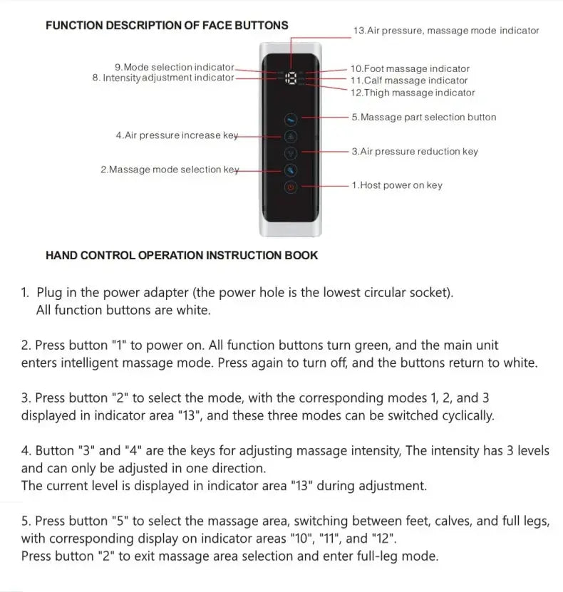Simples Market air pressure leg massager remote control, black handheld panel with blue function buttons