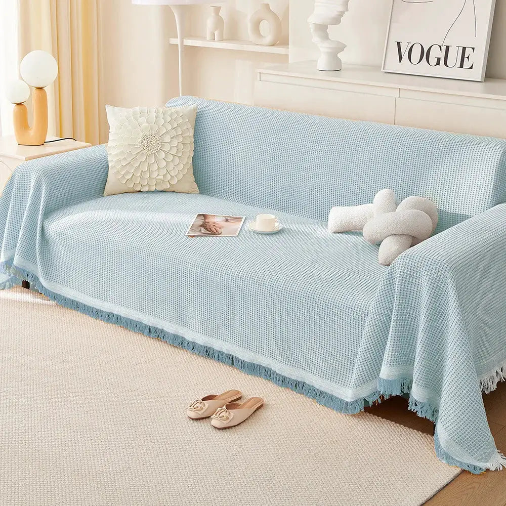 Sofa cover throw in light blue wind cotton yarn with fringe, full-coverage sofa blanket
