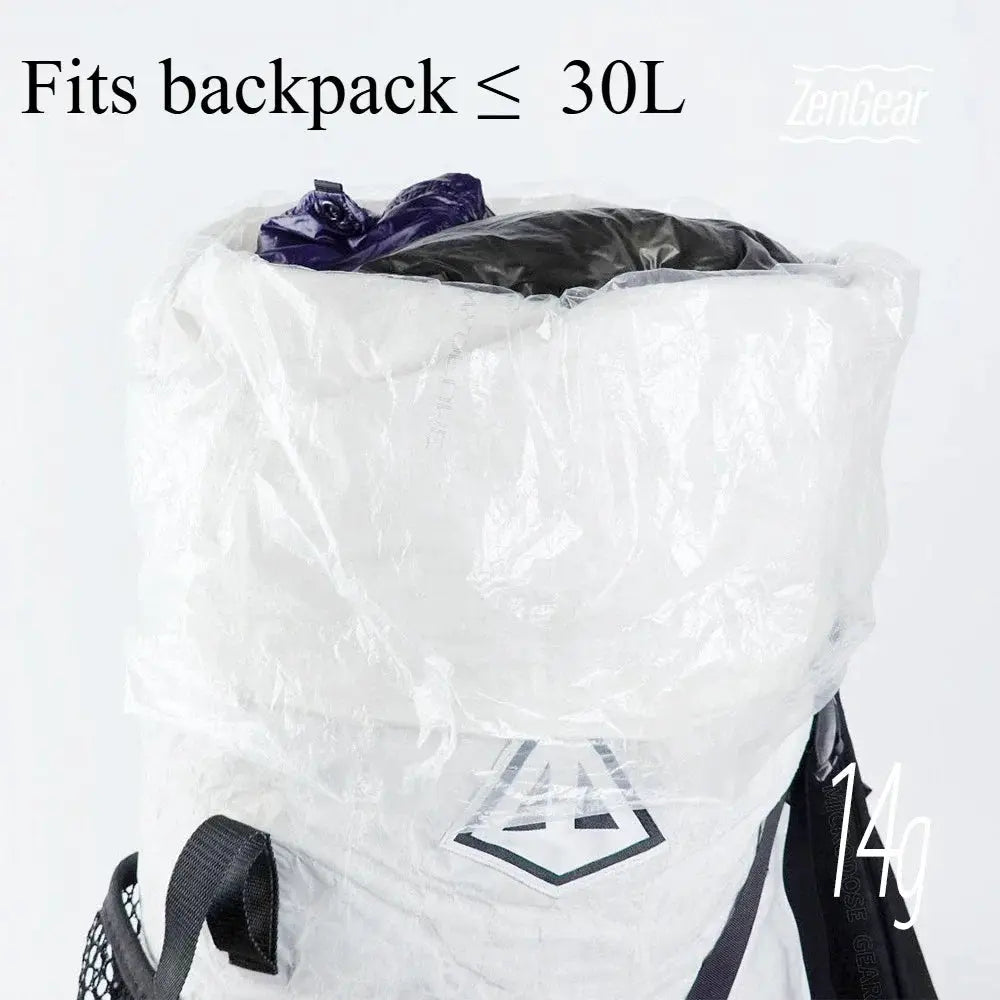 Backpack liner bag, ultralight 14g polycro inner dry bag for waterproof storage; white with ZenGear logo.