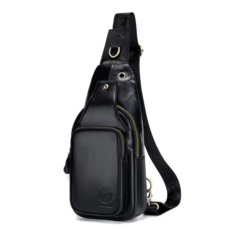 Schlatum genuine leather chest bag, black triangle crossbody with multiple zippered pockets and gold hardware