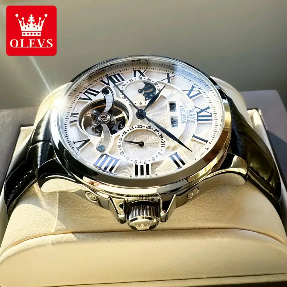OLEVS 7013 men's skeleton mechanical watch with moon phase, open-heart, Roman numerals, silver case, black leather strap