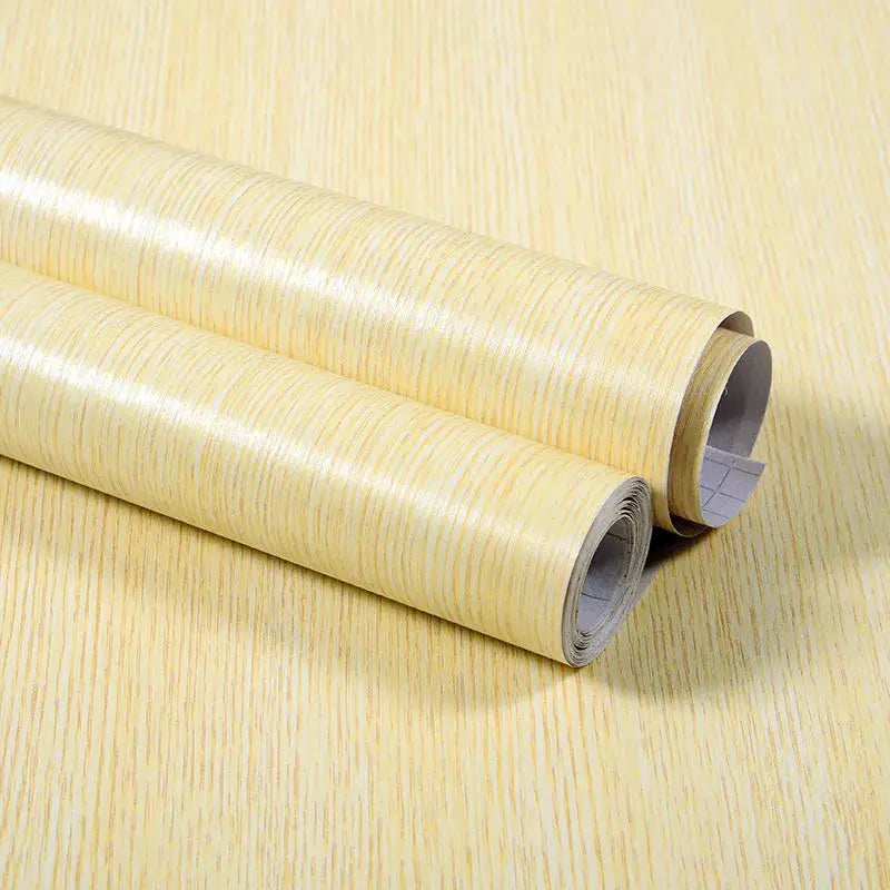 Vinyl self-adhesive wood wallpaper rolls in light yellow wood grain pattern, waterproof PVC, two rolls