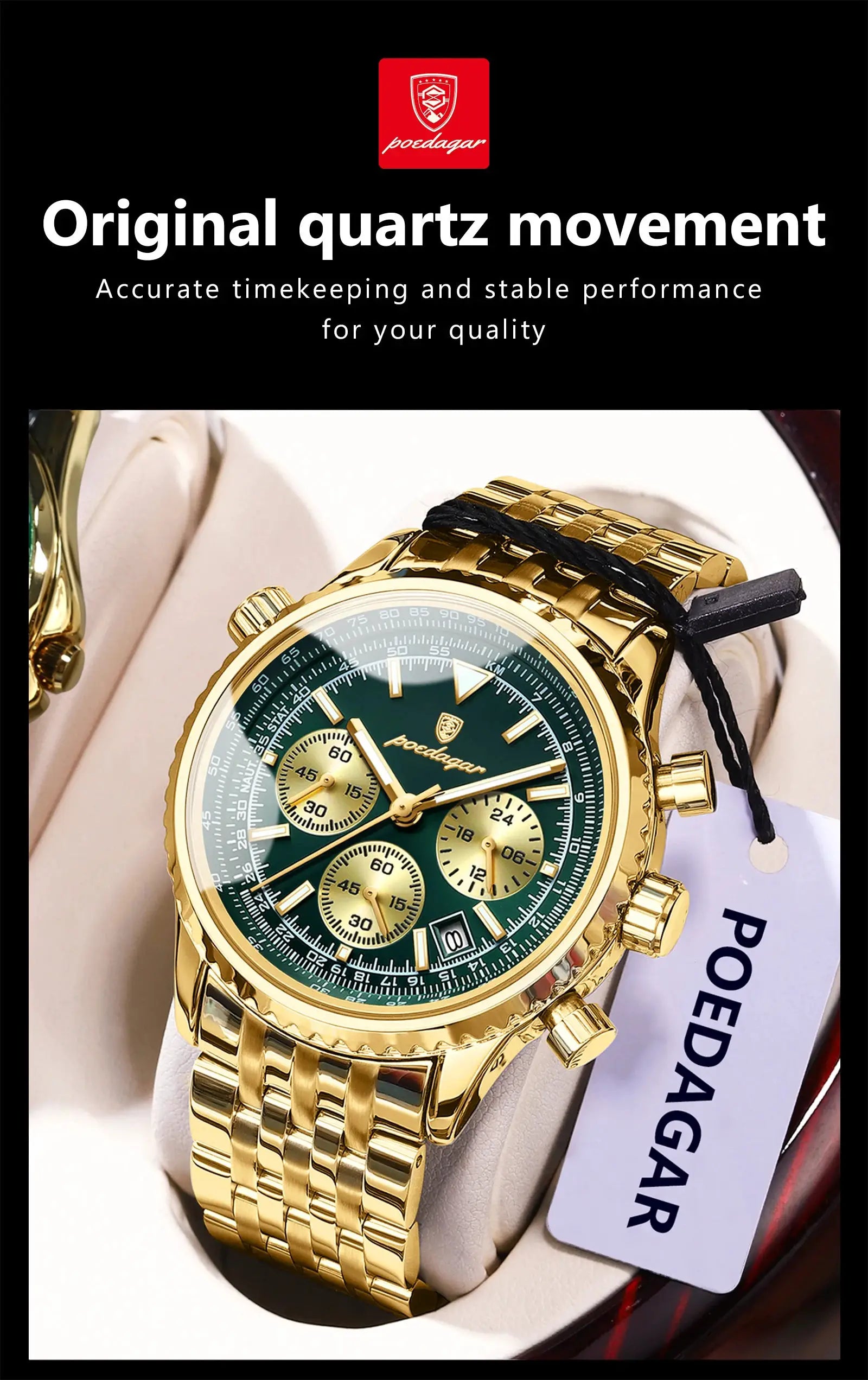 POEDAGAR gold-tone stainless steel men's chronograph watch with green dial and bracelet