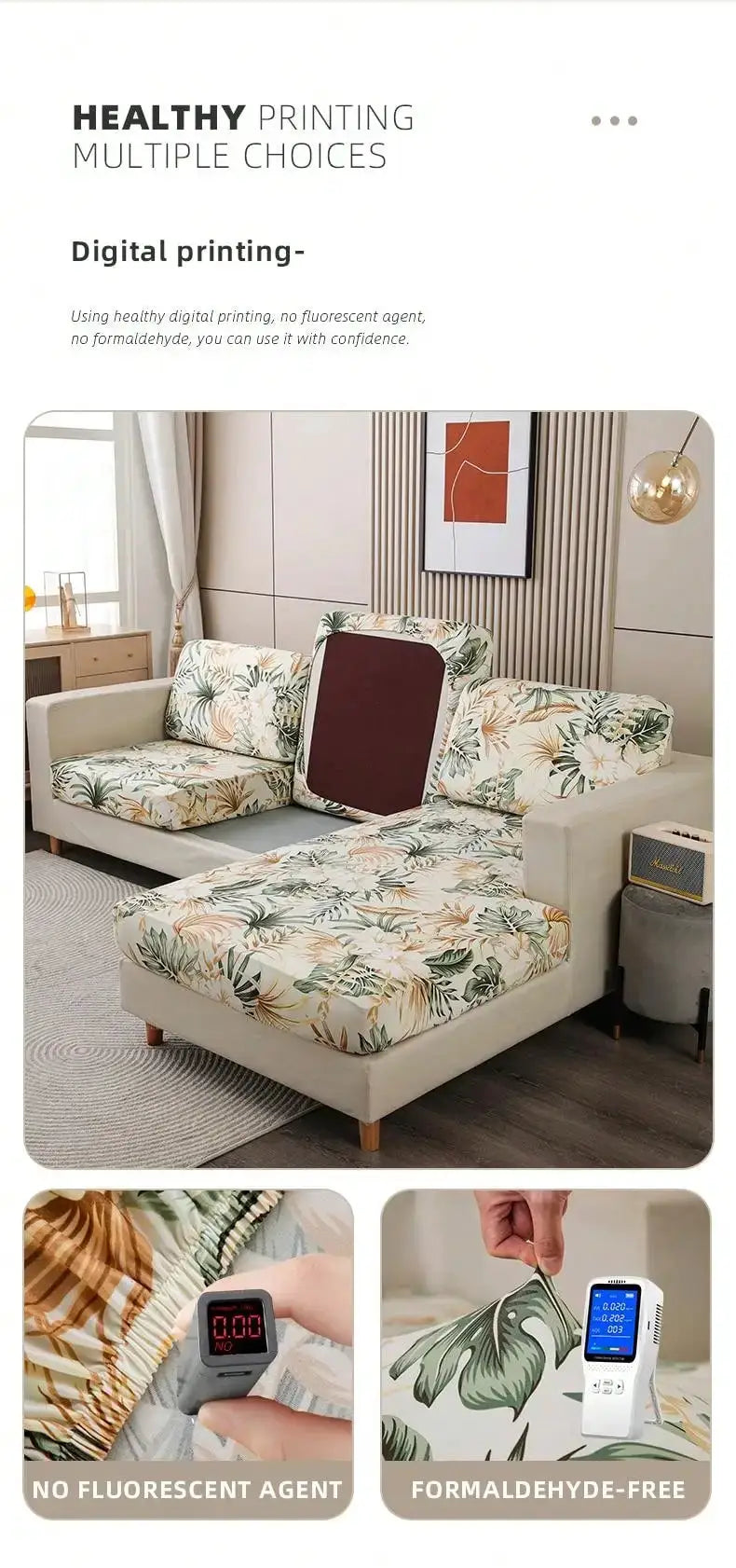 Tropical leaf printed milk-silk sofa cover by Simples Market; elastic and detachable