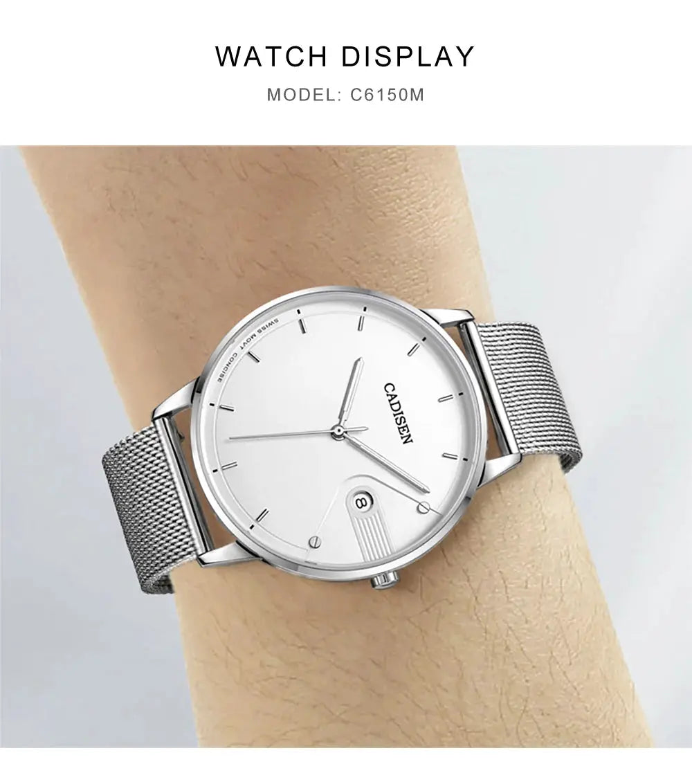 CADISEN men's quartz watch with silver Milano stainless steel mesh strap and white dial