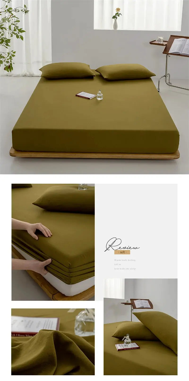 Cotton fitted sheet by Simples Market in olive green with elastic edge for king, queen, and single beds.