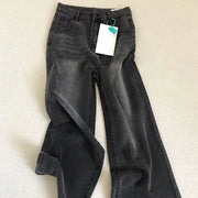 Lady Retro High Waist Black Gray Denim Jeans For Women Straight Leg