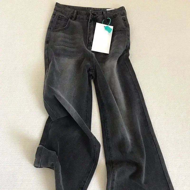 Lady Retro High Waist Black Gray Denim Jeans For Women Straight Leg