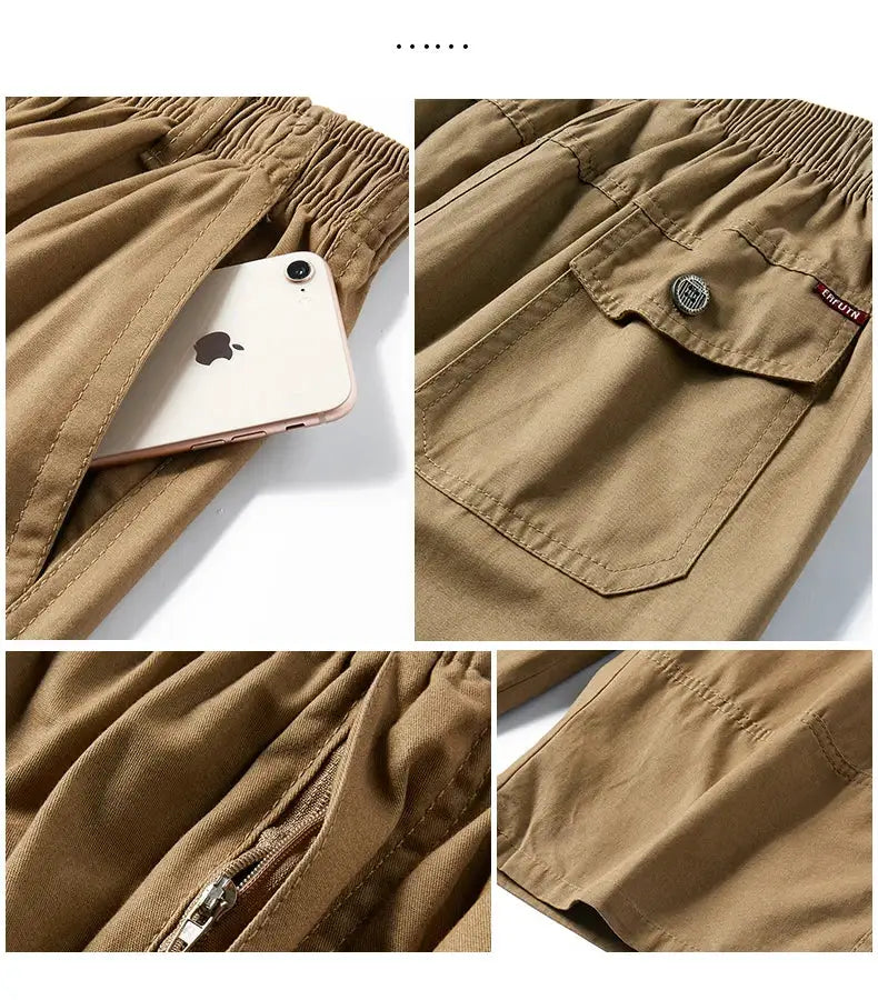 Mens cargo shorts by Simples Market in tan cotton with elastic waist, zip pocket, and back flap pocket.