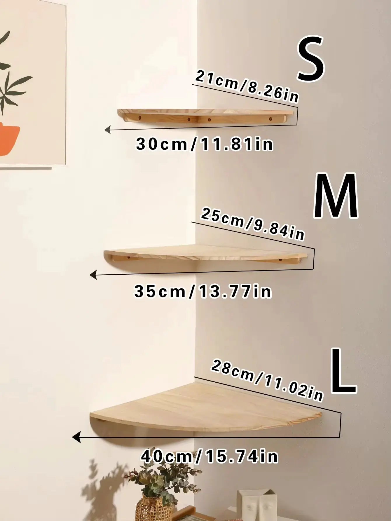 Wall corner wood floating shelves with round ends; natural finish, wall-mounted, set of four shelves (21–40 cm).