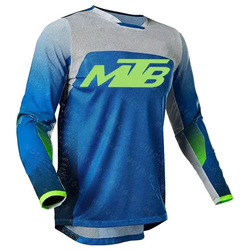 MTB long-sleeve cycling jersey in blue gradient with lime green MTB logo