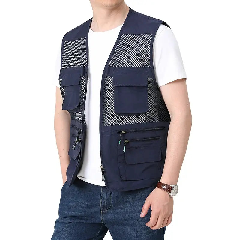 Simples Market men's navy mesh fishing vest with multiple pockets and zip compartments.